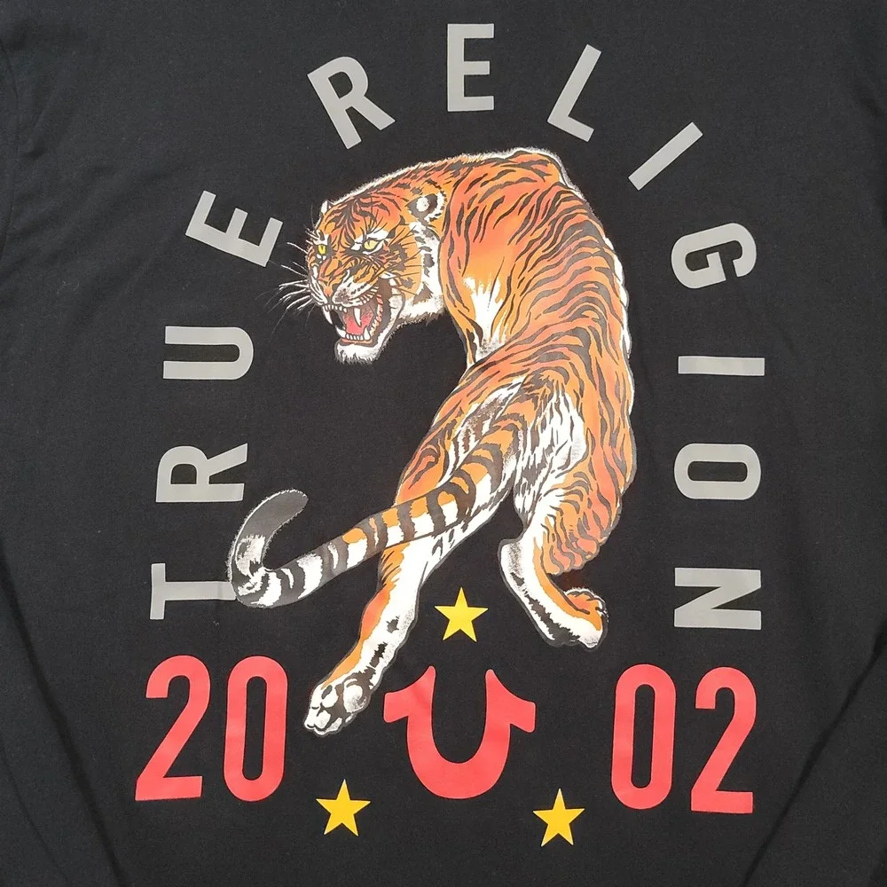 True Religion Tiger LS Crew Neck Tee Mens XL Black Graphic Back Cotton 104484
